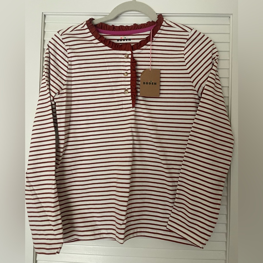 Mini Boden Burgandy and white striped long sleeved henley. Size 11-12Y